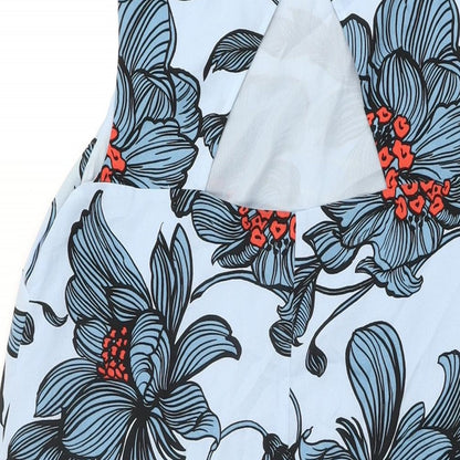 Luxe Womens Blue Floral Polyester Shift Size 14 Round Neck Button