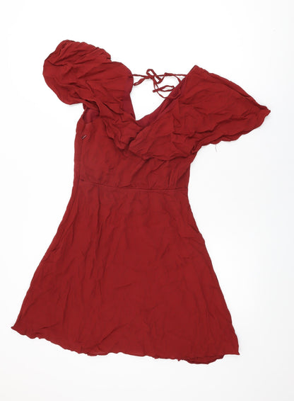 River Island Womens Red Viscose Shift Size 10 V-Neck Zip