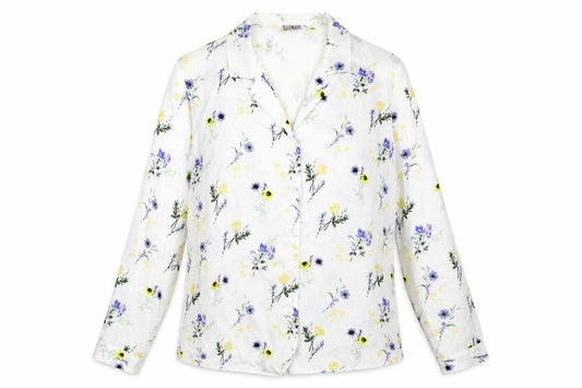 Front view of ASOS women’s white floral polyester basic button-up, size UK 12, collared