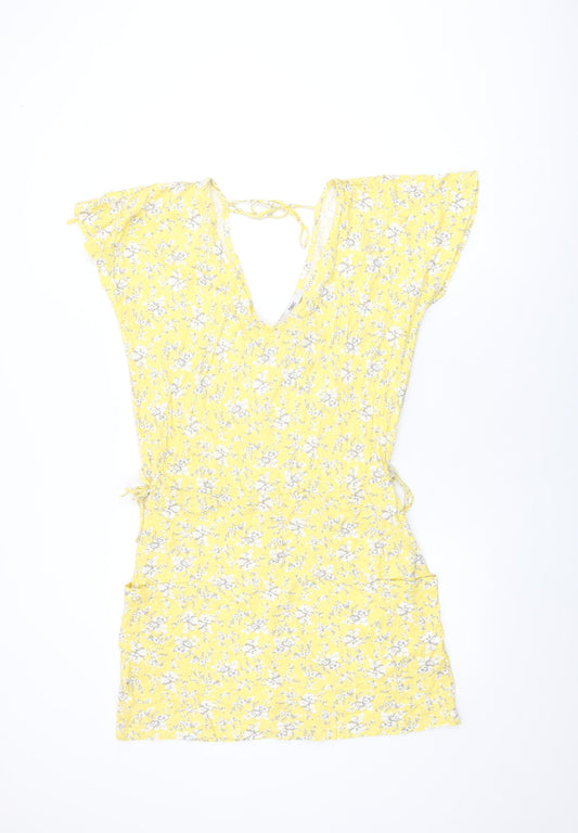 NEXT Womens Yellow Floral Cotton Shift Size 12 V-Neck Tie