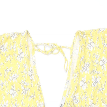 NEXT Womens Yellow Floral Cotton Shift Size 12 V-Neck Tie
