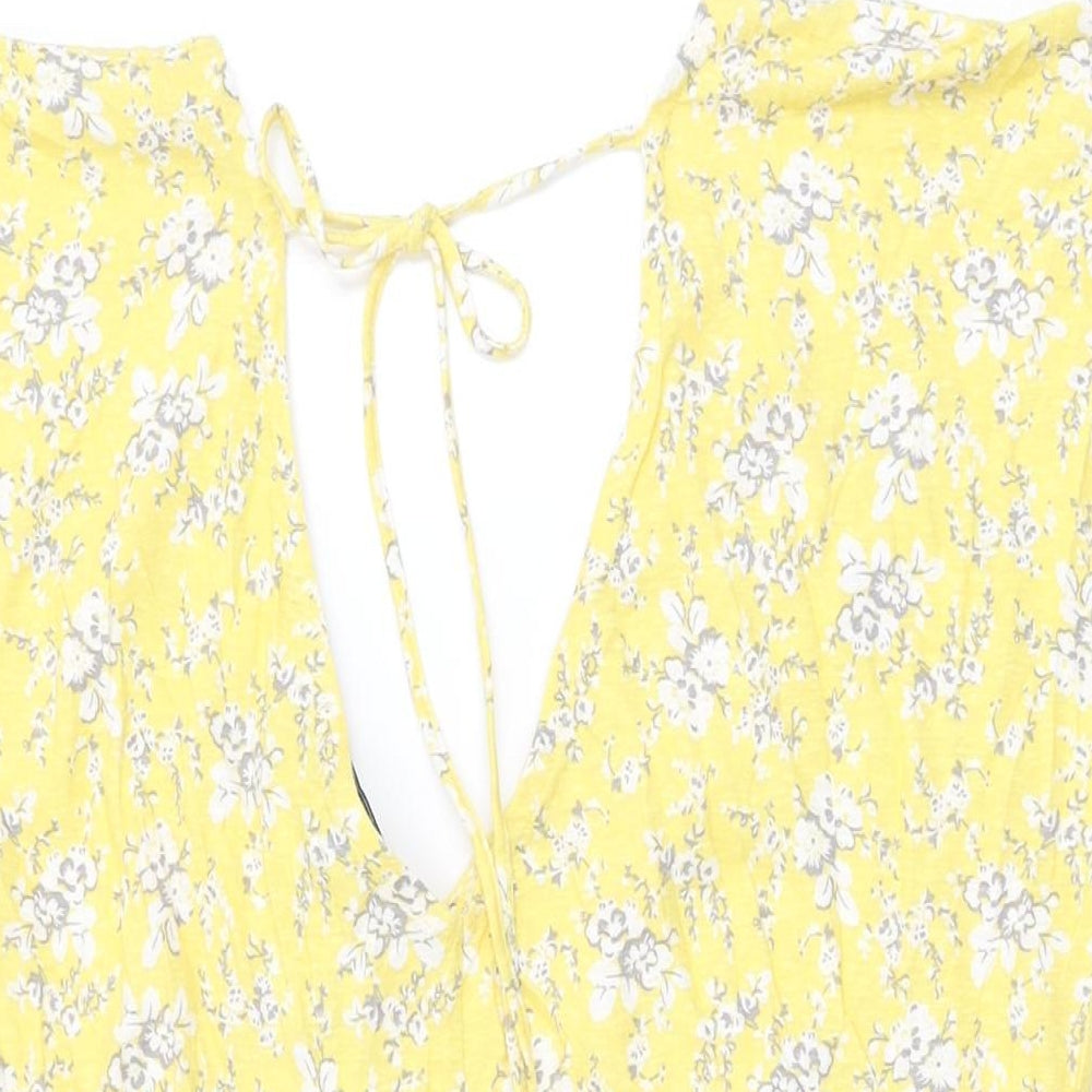 NEXT Womens Yellow Floral Cotton Shift Size 12 V-Neck Tie