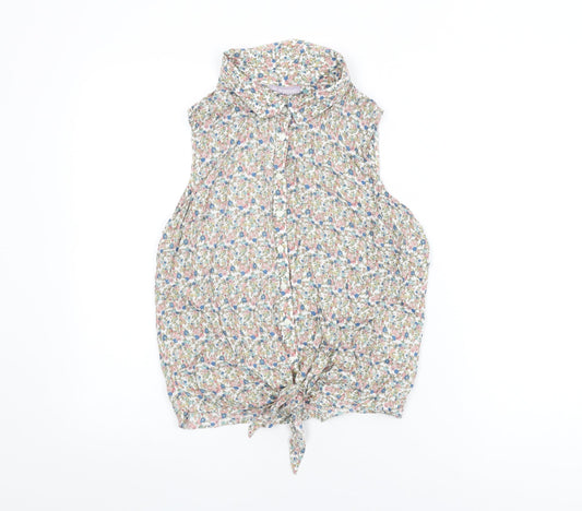 Avenue Womens White Floral Viscose Basic Button-Up Size 12 Collared