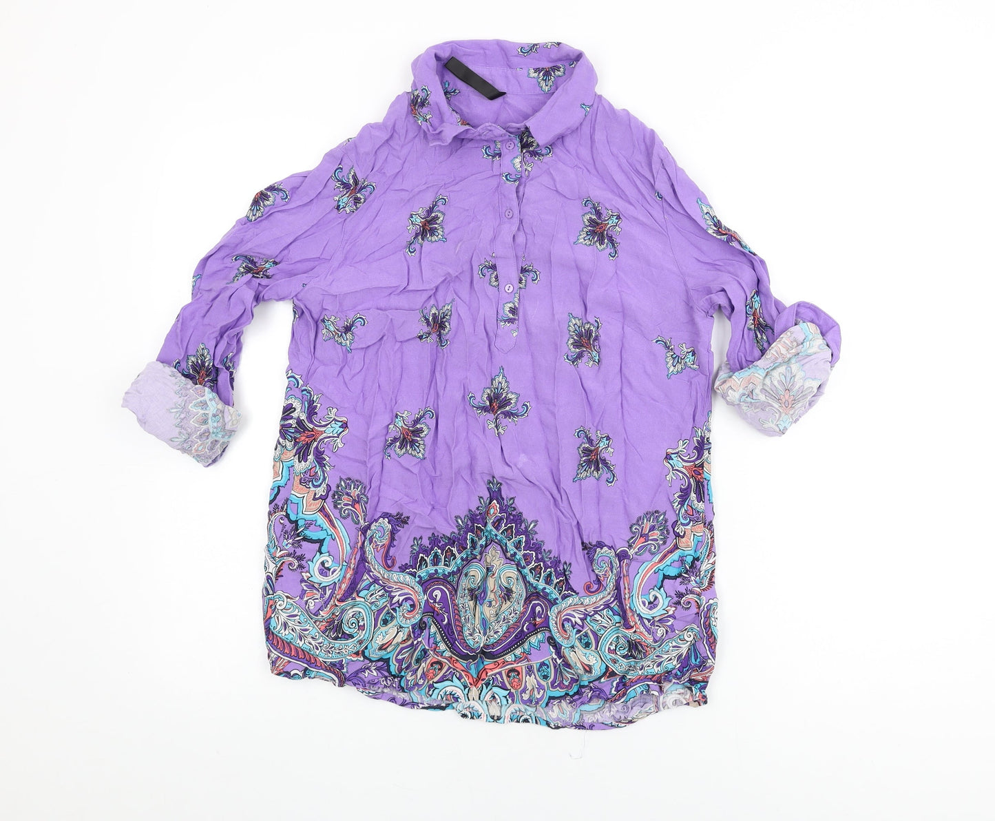 Concept Club Womens Purple Geometric Viscose Basic T-Shirt Size L Collared