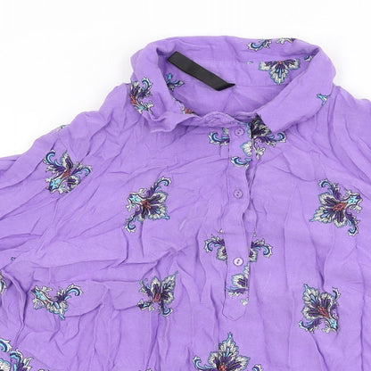 Concept Club Womens Purple Geometric Viscose Basic T-Shirt Size L Collared