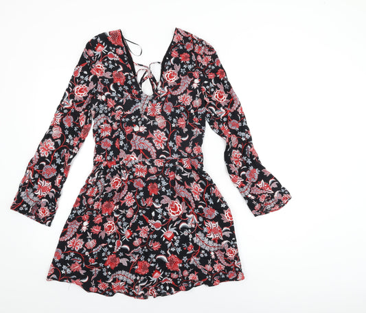Mango Womens Black Floral Viscose Shift Size S V-Neck Zip