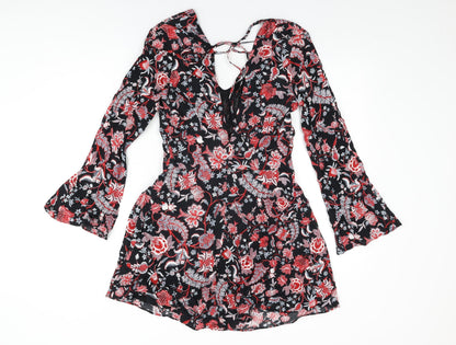 Mango Womens Black Floral Viscose Shift Size S V-Neck Zip