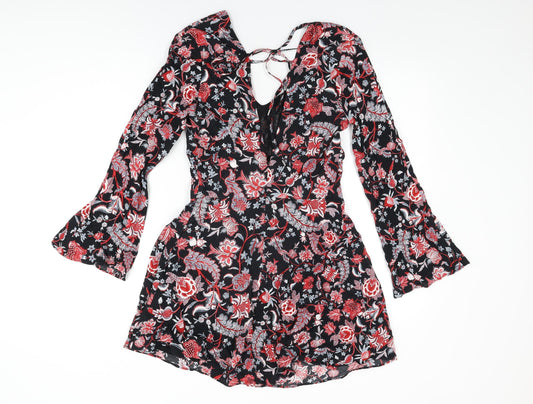 Mango Womens Black Floral Viscose Shift Size S V-Neck Zip