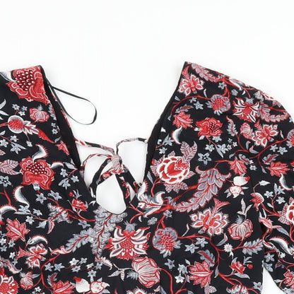 Mango Womens Black Floral Viscose Shift Size S V-Neck Zip