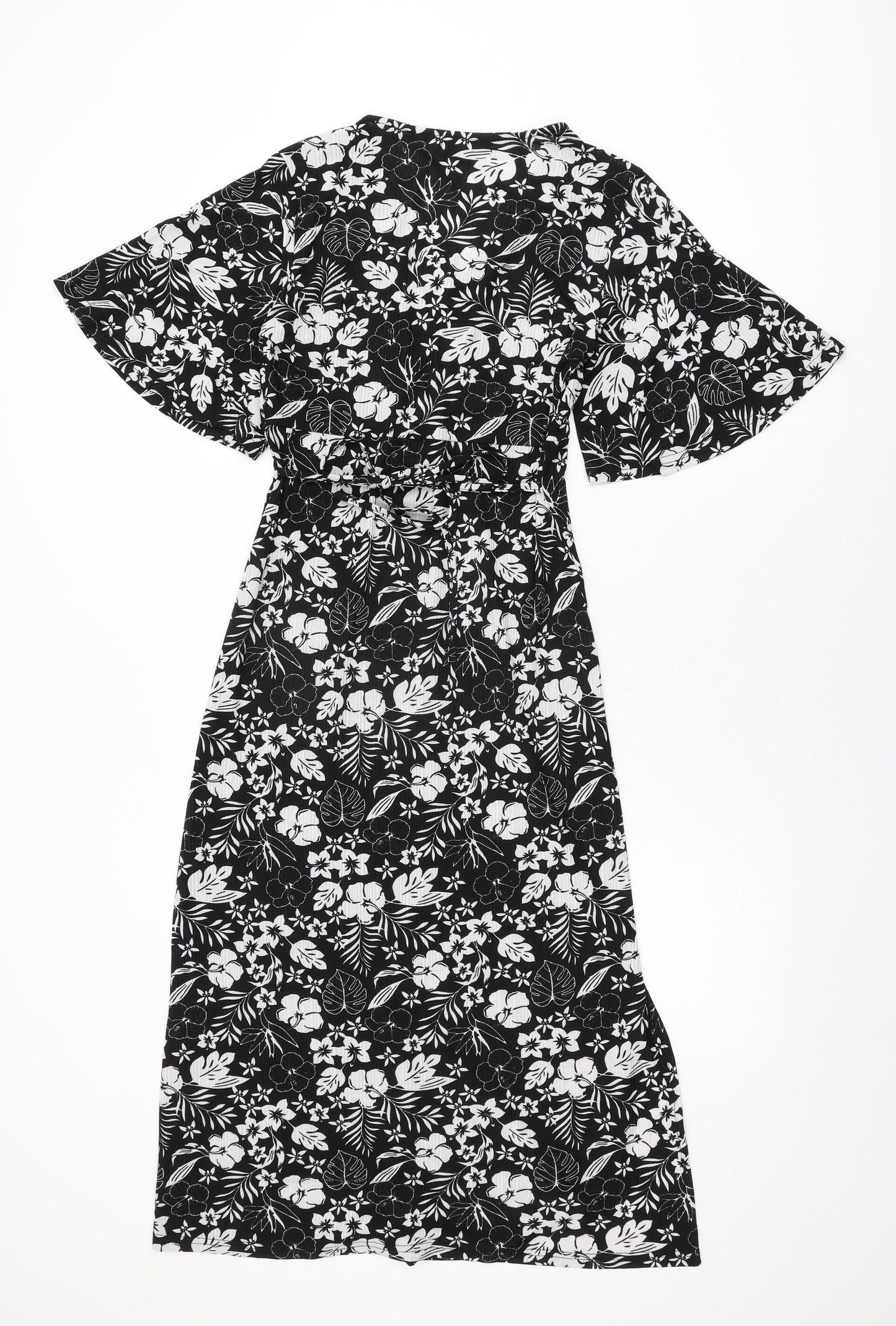 Blue Vanilla Womens Black Floral Polyester A-Line Size 10 V-Neck Tie