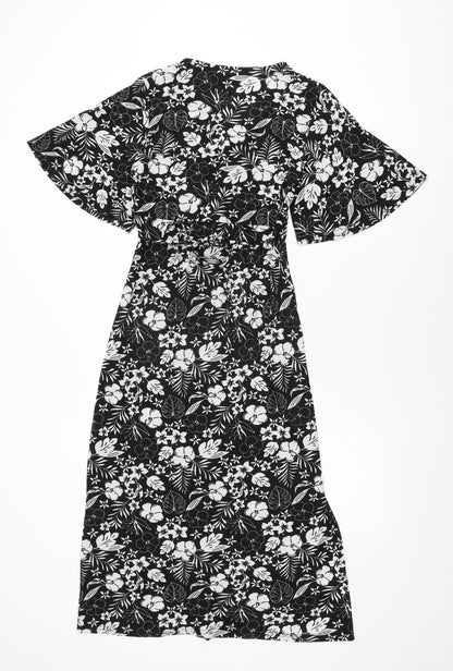 Blue Vanilla Womens Black Floral Polyester A-Line Size 10 V-Neck Tie