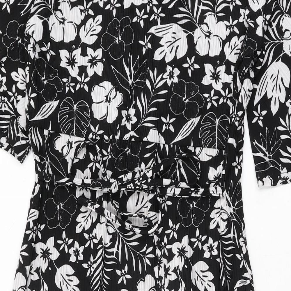 Blue Vanilla Womens Black Floral Polyester A-Line Size 10 V-Neck Tie