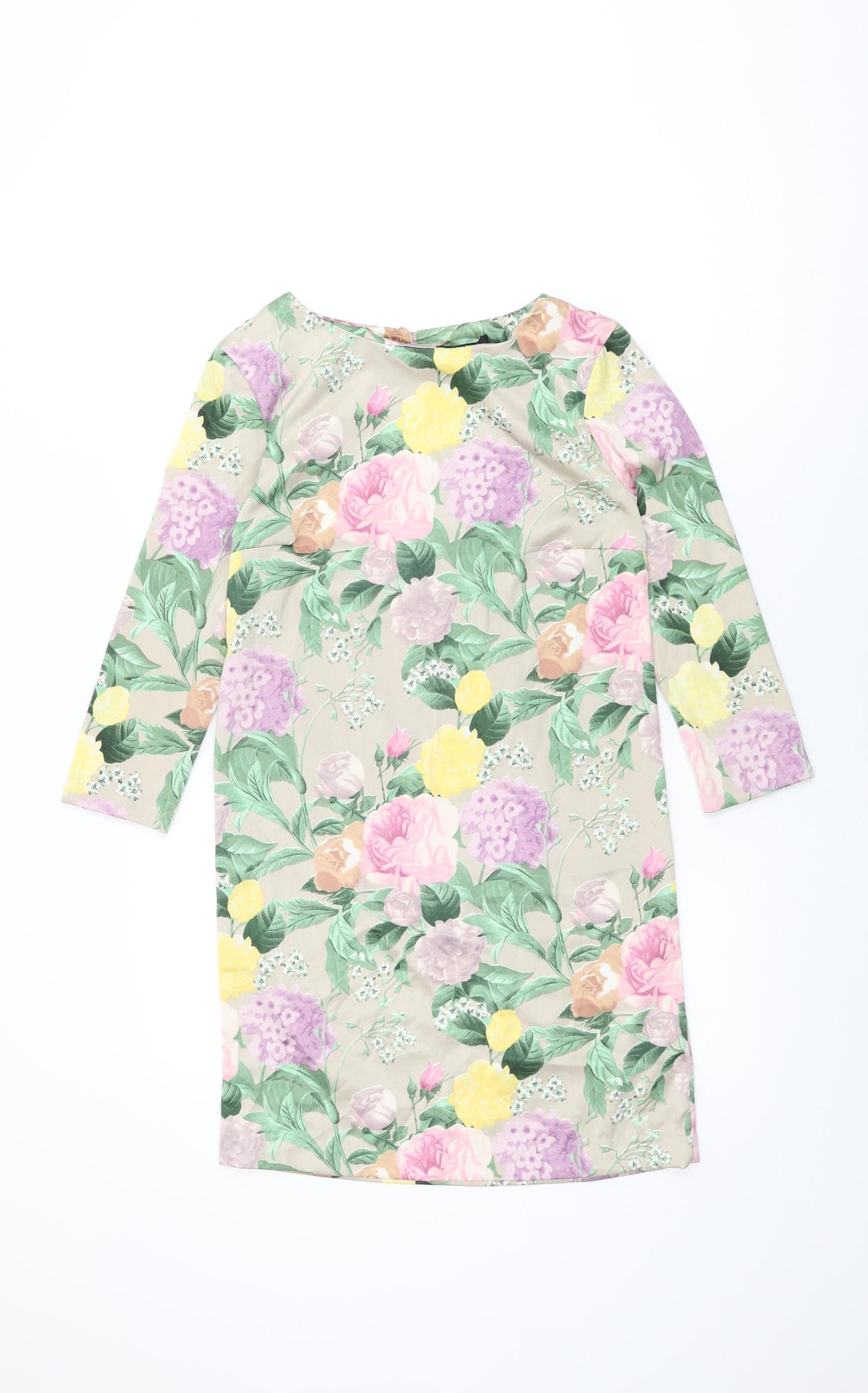 H&M Womens Beige Floral Polyester Shift Size 4 Round Neck Button
