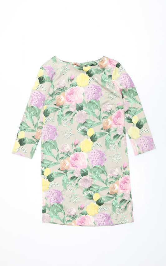 H&M Womens Beige Floral Polyester Shift Size 4 Round Neck Button