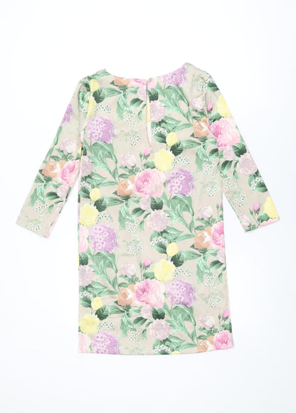 H&M Womens Beige Floral Polyester Shift Size 4 Round Neck Button