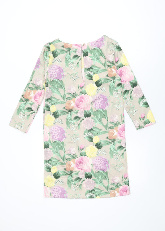 H&M Womens Beige Floral Polyester Shift Size 4 Round Neck Button