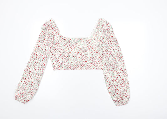 Glamorous Womens Ivory Floral Polyester Cropped Blouse Size 10 Square Neck