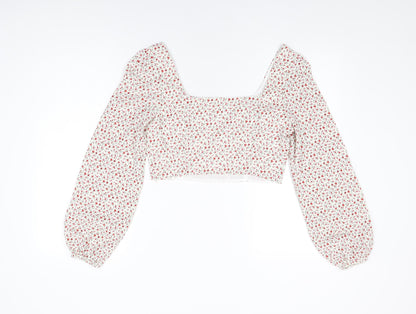 Glamorous Womens Ivory Floral Polyester Cropped Blouse Size 10 Square Neck
