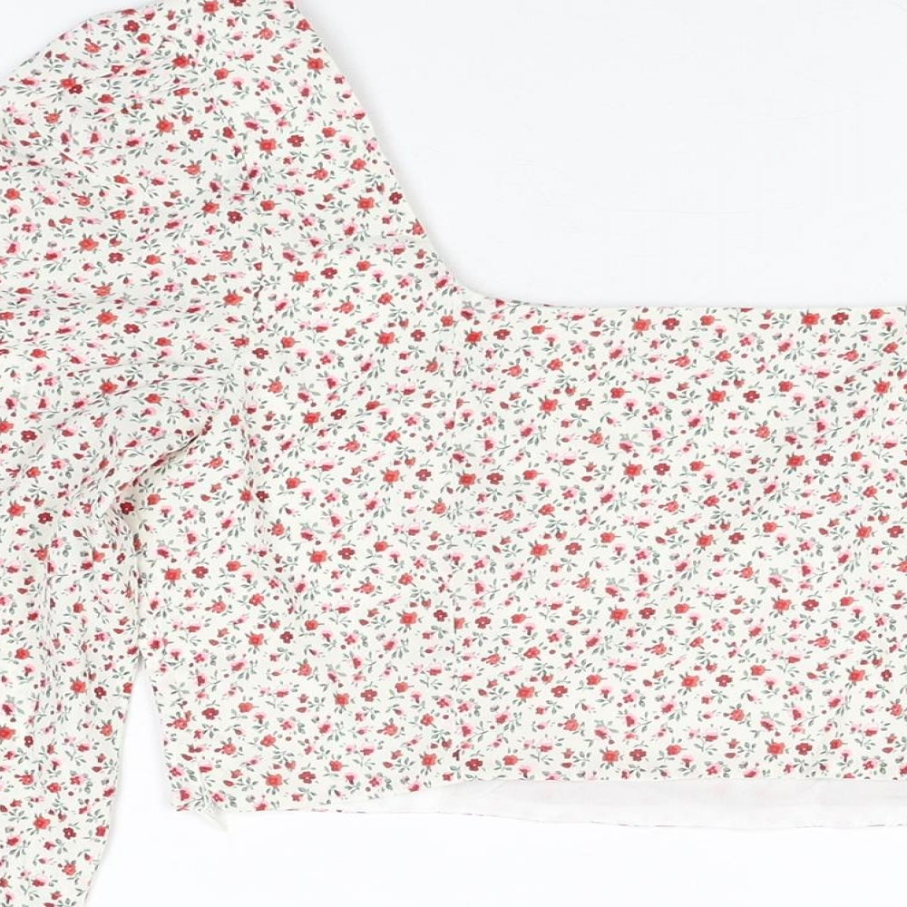 Glamorous Womens Ivory Floral Polyester Cropped Blouse Size 10 Square Neck