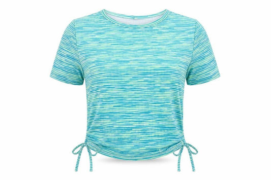 Front view of ASOS women’s green striped polyester cropped t-shirt, size UK 12, crew neck - tie sides