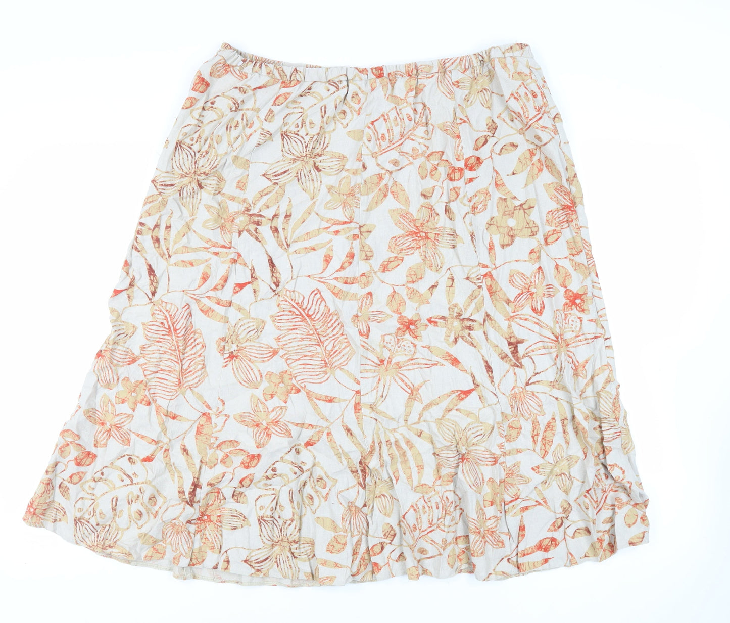 Damart Womens Beige Floral Linen Flare Skirt Size XL Zip