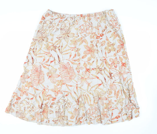 Damart Womens Beige Floral Linen Flare Skirt Size XL Zip