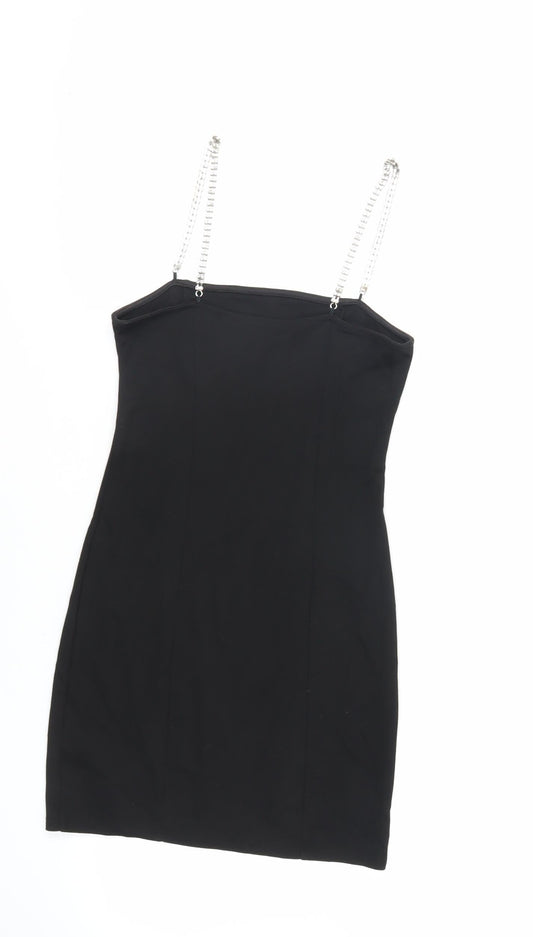 H&M Womens Black Viscose Bodycon Size XS Square Neck Pullover - Rhinestone Straps