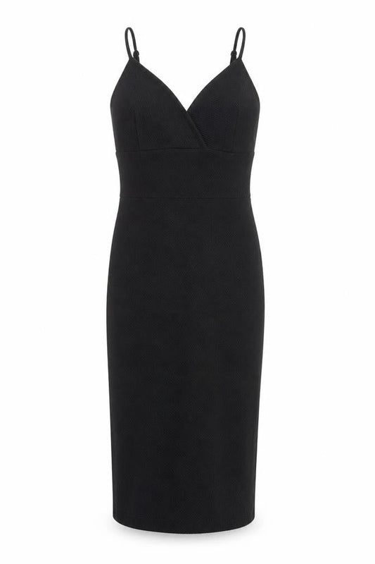 Front view of Miss Selfridge women’s black polyester bodycon, size UK 10, sweetheart pullover
