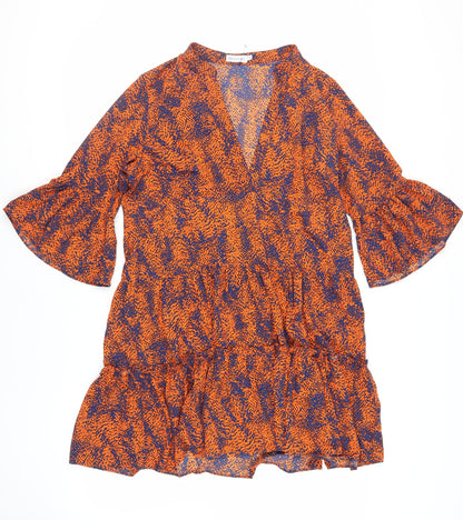 Warehouse Womens Orange Animal Print Polyester Tank Dress Size L V-Neck Pullover - Flare Sleeves
