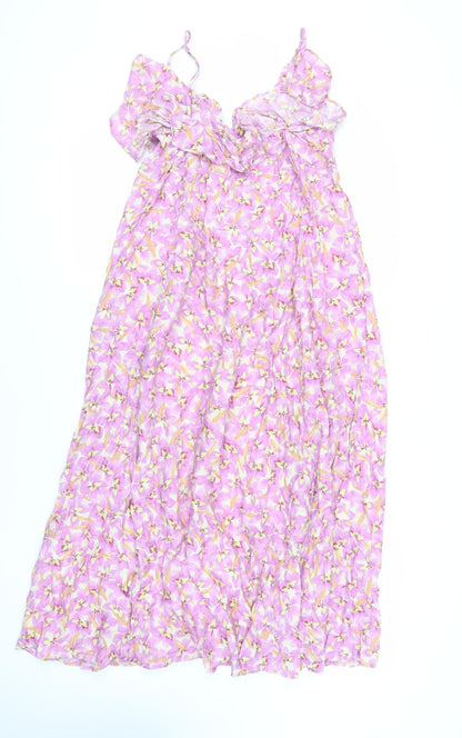 H&M Womens Purple Floral Viscose Slip Dress Size M V-Neck Pullover - Ruffle
