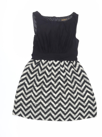 GOLDKID Womens Black Geometric Polyester Fit & Flare Size S Boat Neck Zip