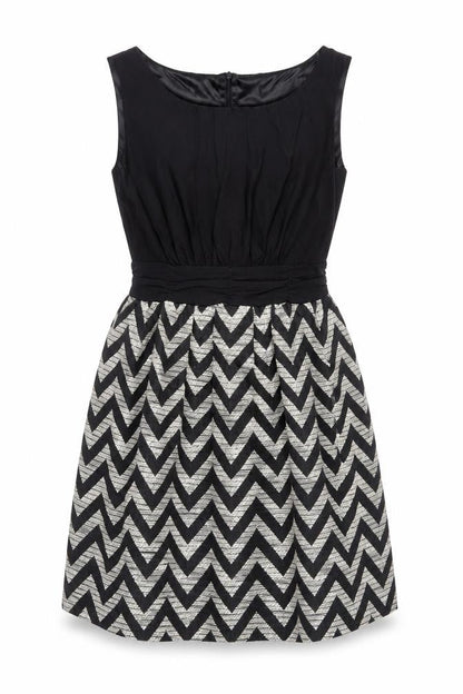 GOLDKID Womens Black Geometric Polyester Fit & Flare Size S Boat Neck Zip