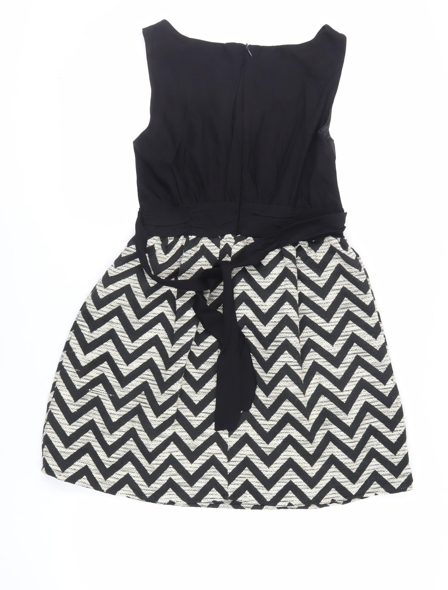 GOLDKID Womens Black Geometric Polyester Fit & Flare Size S Boat Neck Zip