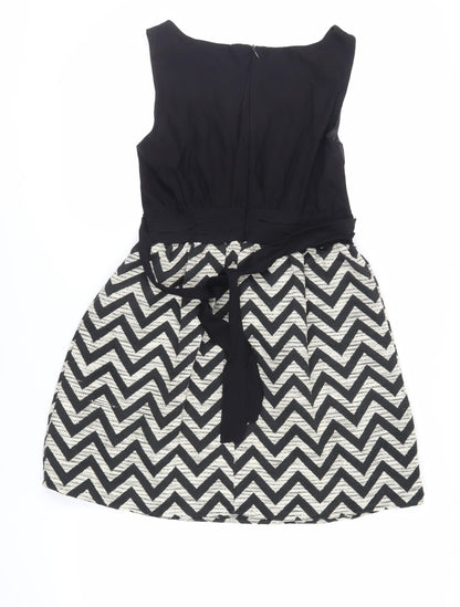 GOLDKID Womens Black Geometric Polyester Fit & Flare Size S Boat Neck Zip