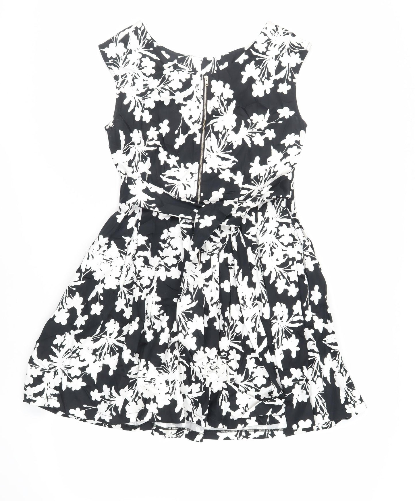 Izabel London Womens Black Floral Cotton Fit & Flare Size 10 Boat Neck Zip