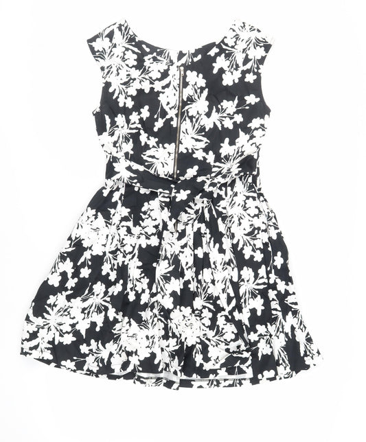 Izabel London Womens Black Floral Cotton Fit & Flare Size 10 Boat Neck Zip