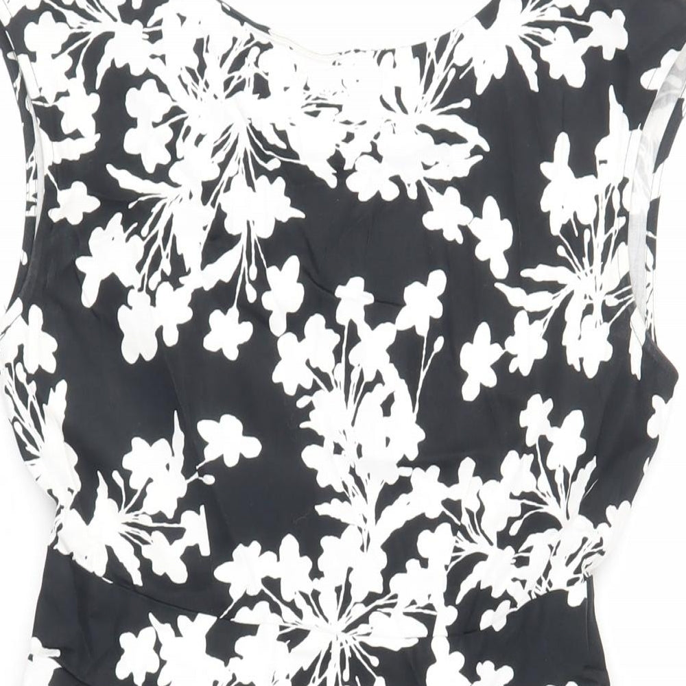 Izabel London Womens Black Floral Cotton Fit & Flare Size 10 Boat Neck Zip