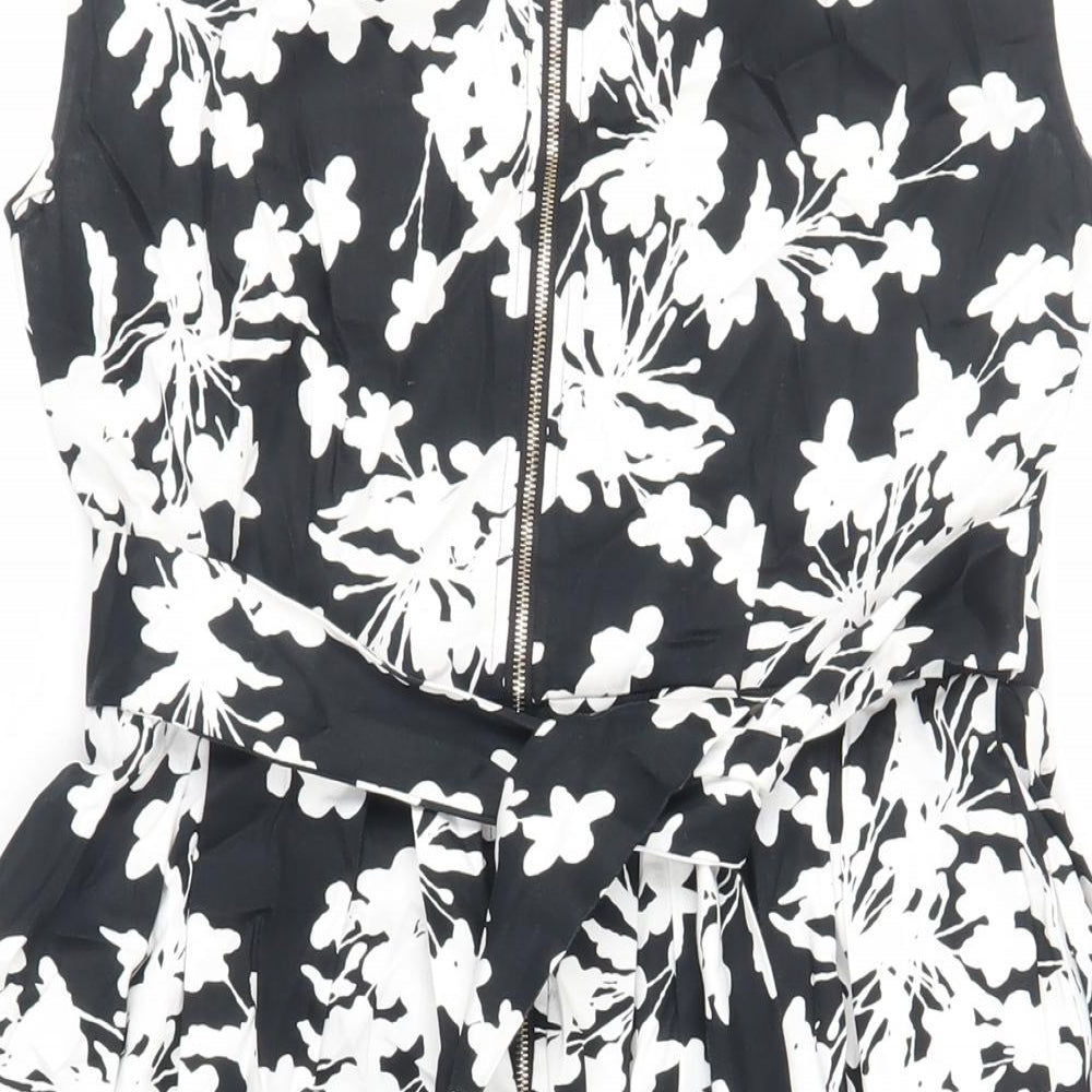 Izabel London Womens Black Floral Cotton Fit & Flare Size 10 Boat Neck Zip