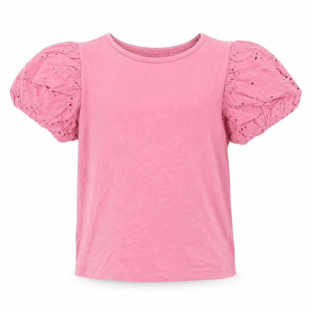 Front view of Next girls’ pink cotton basic t-shirt, size 7, years crew neck pullover - broderie anglaise