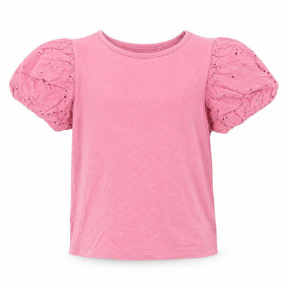 Front view of Next girls’ pink cotton basic t-shirt, size 7, years crew neck pullover - broderie anglaise