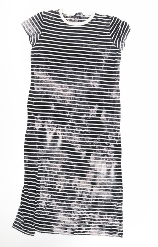 French Connection Womens Black Striped Viscose T-Shirt Dress Size 14 Crew Neck Pullover
