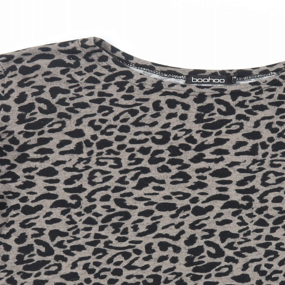 Boohoo Womens Grey Animal Print Polyester Basic T-Shirt Size 12 Round Neck