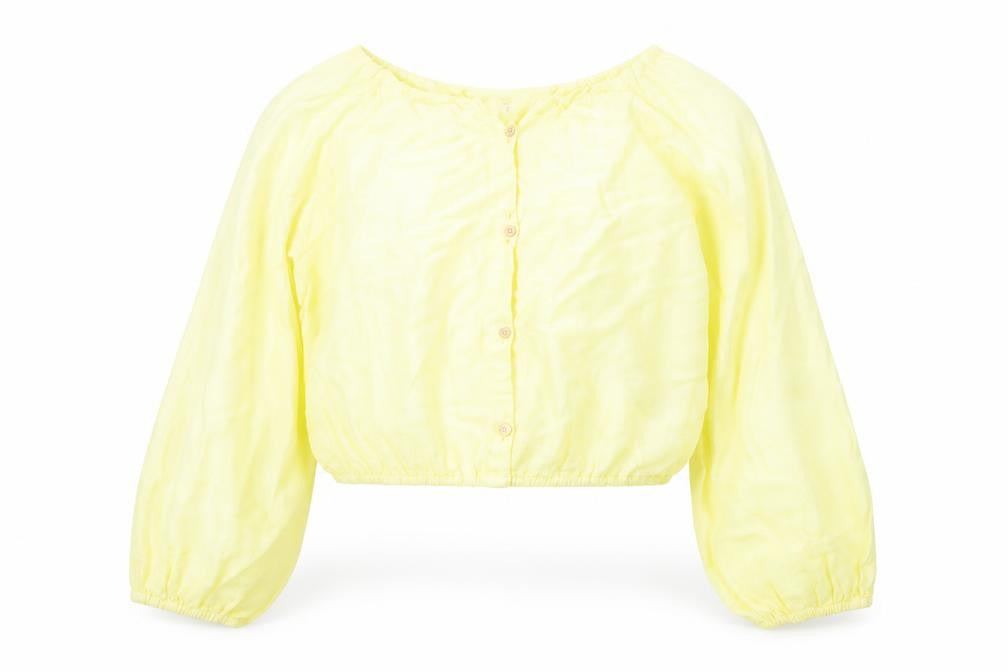 Front view of Zara girls’ yellow linen pullover blouse, size 11-12, years v-neck button