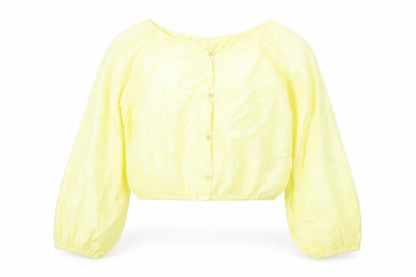 Front view of Zara girls’ yellow linen pullover blouse, size 11-12, years v-neck button