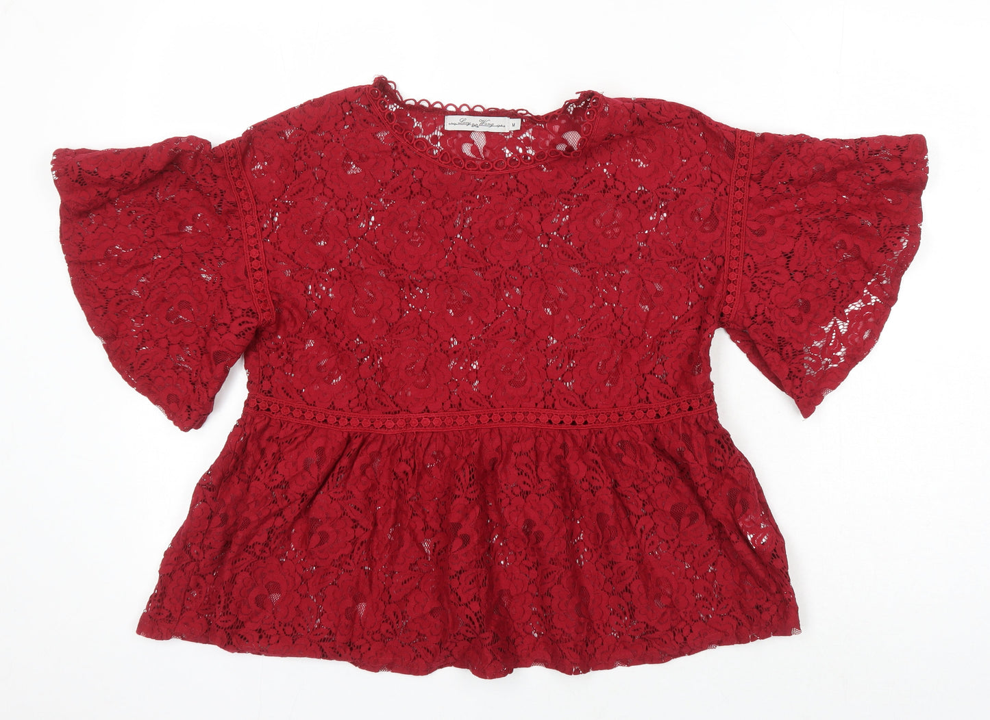 Lucy Wang Womens Red Herringbone Cotton Tunic Blouse Size M Round Neck