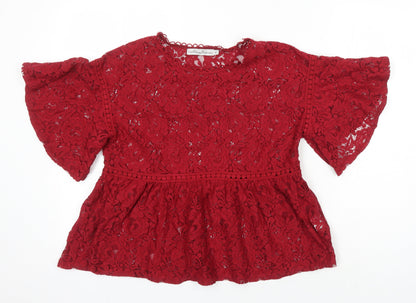 Lucy Wang Womens Red Herringbone Cotton Tunic Blouse Size M Round Neck