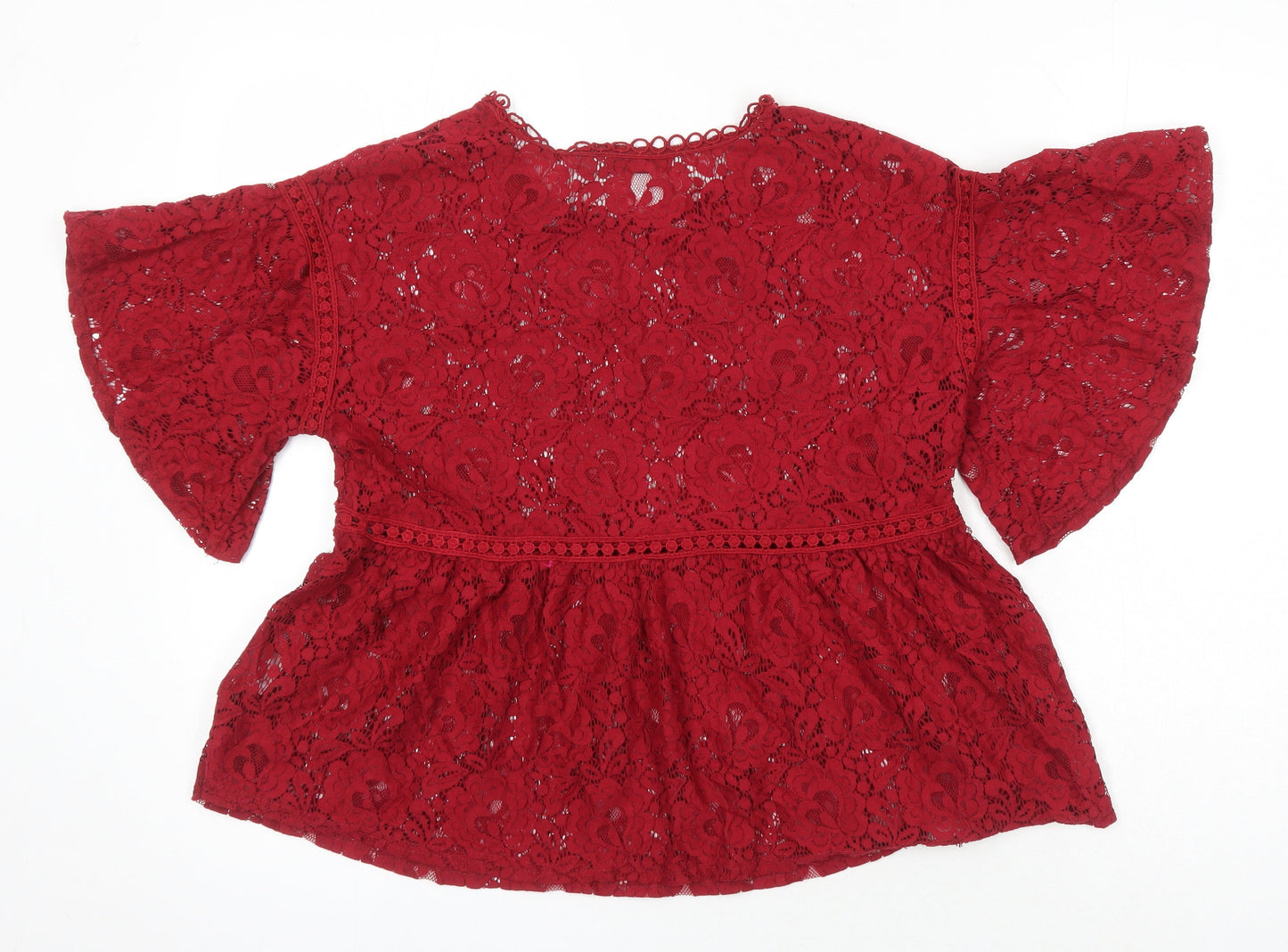 Lucy Wang Womens Red Herringbone Cotton Tunic Blouse Size M Round Neck