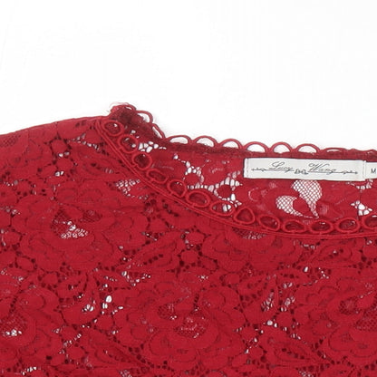 Lucy Wang Womens Red Herringbone Cotton Tunic Blouse Size M Round Neck