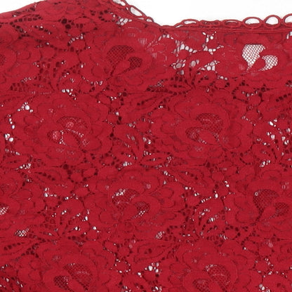 Lucy Wang Womens Red Herringbone Cotton Tunic Blouse Size M Round Neck