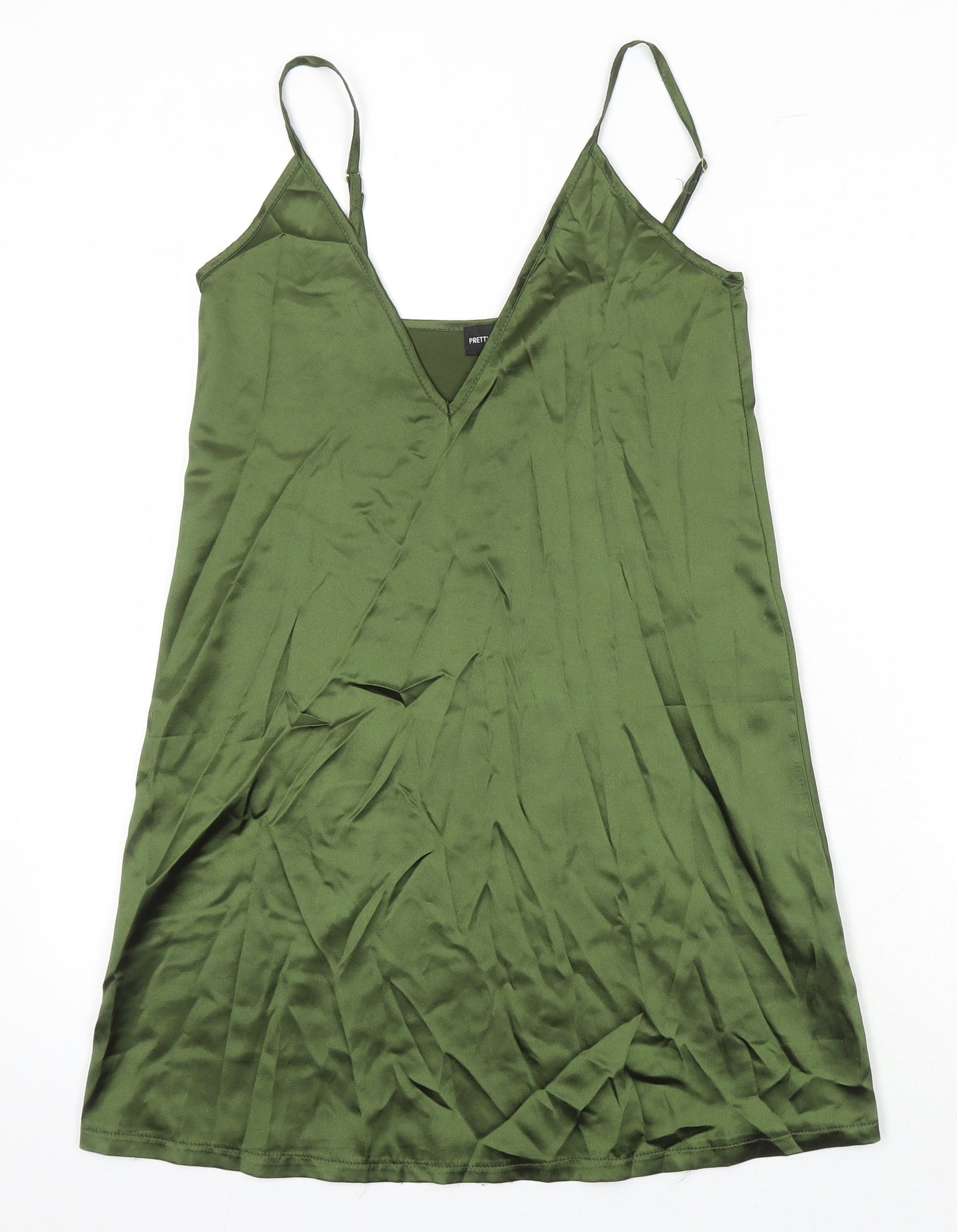 PRETTYLITTLETHING Womens Green Polyester Slip Dress Size 4 V-Neck